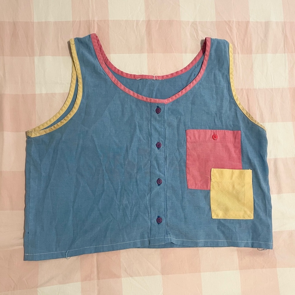Fun color block denim tank top. Unlabeled but fits like a size M.